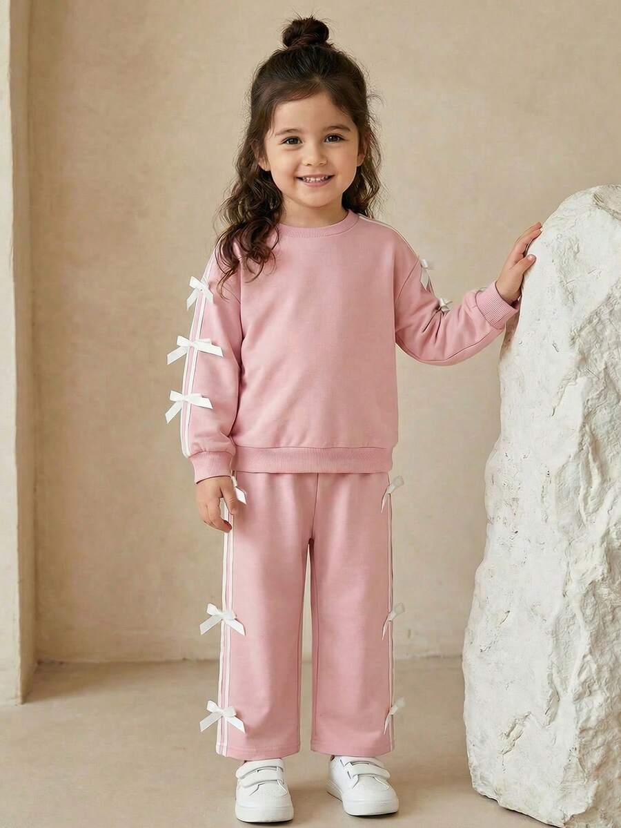 THE HAPPY LOOK 2pcs/Set Young Girl Ruffle Trim Crew Neck Long Sleeve Sweatshirt And Elastic Waist Pants Set - Multicolor - View 1