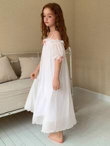 DAZY Tween Girls' Ruffle Patchwork Bow Decor Casual Loose Everyday Lounge Dress - White - View 6