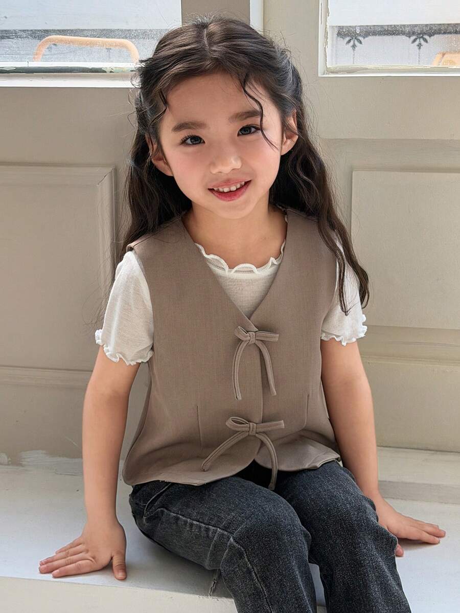 DAZY 女童（小号）无袖薄款背心外套 - 卡其色 - 查看 1