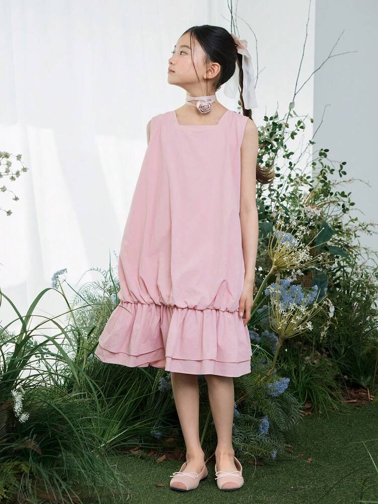 Tween Girls Square Neck Sleeveless Solid Color Dress Summer