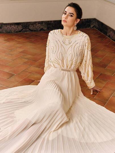 Anewsta 仿珍珠刺绣圆领褶裥优雅长袖连衣裙