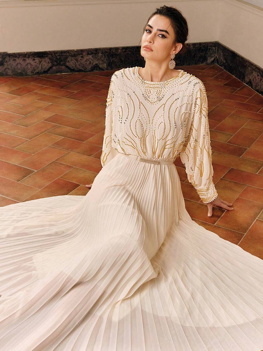 Anewsta Faux Pearl Embroidered Crew Neck Pleated Elegant Long Sleeve Dress - Apricot - View 1