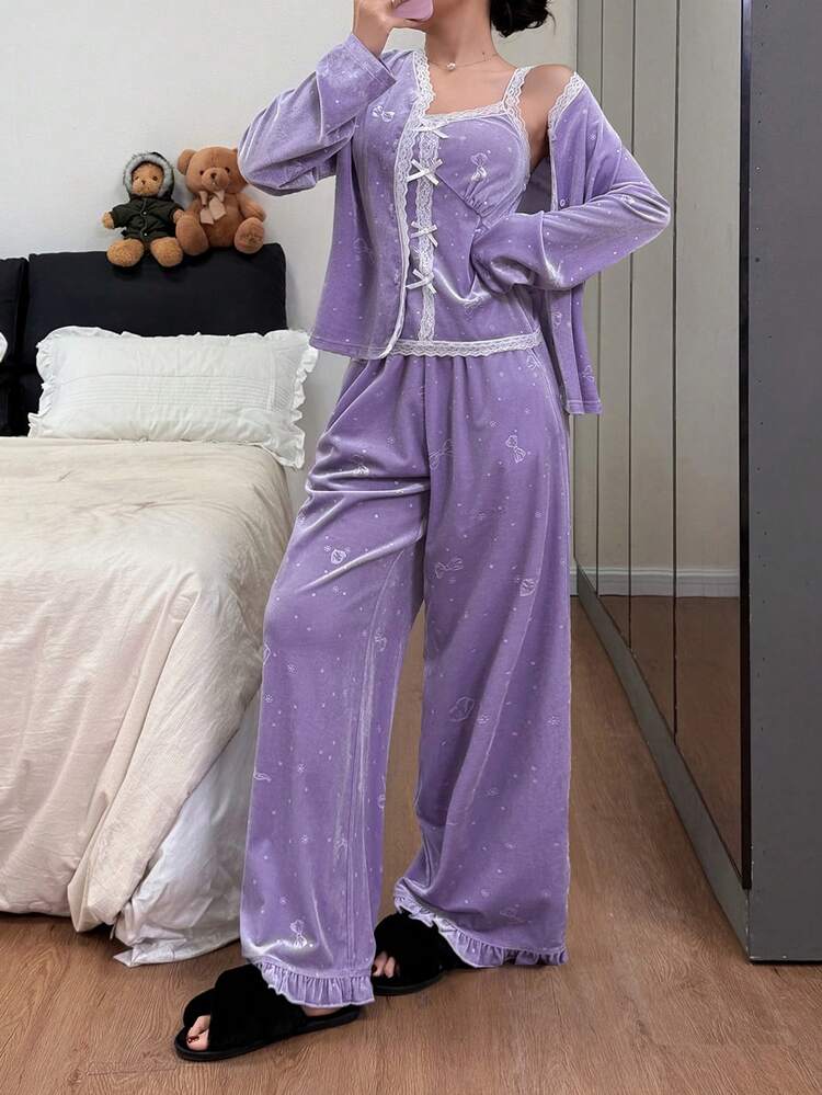 3pcs Set Velvet Bow Embossed Contrast Color Lace Patchwork Women Pajama Set
