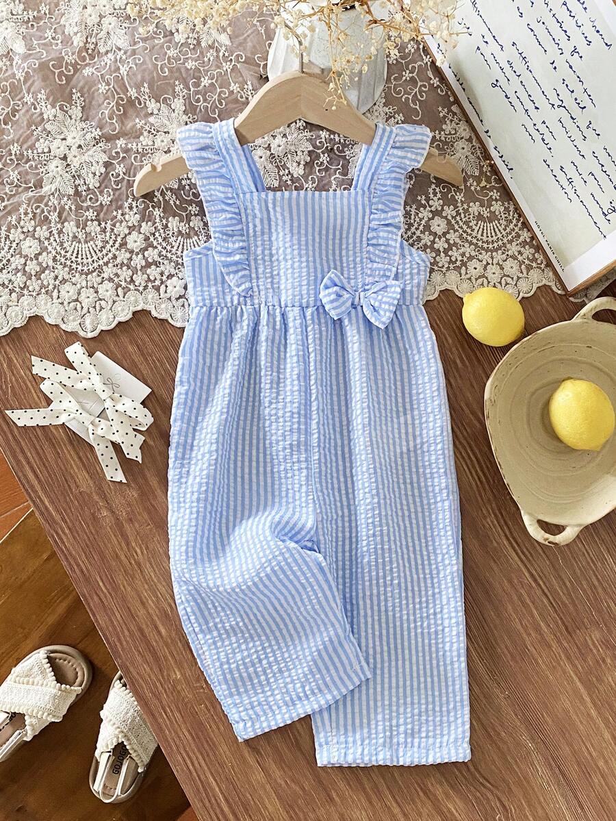 SHEIN 女婴优雅甜美无袖方领编织蓝色格子连体裤，适合度假和日常穿着 - 藍色 - 查看 1