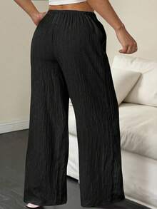 EMERY ROSE Pantalones de tela con textura de unicolor versátiles y casuales para tallas grandes - Negro - Ver 2