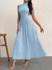 Firerie Vestido ajustado de línea A con pliegues, elegante - Celeste - Ver 4