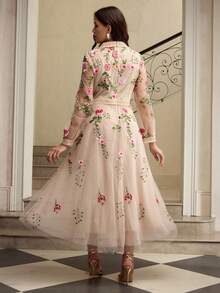 ZEYLAH Plus Size Embroidered Lace Patchwork Long Sleeve Dress Fall - Apricot - View 3