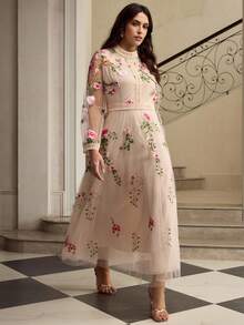 ZEYLAH Plus Size Embroidered Lace Patchwork Long Sleeve Dress Fall - Apricot - View 6