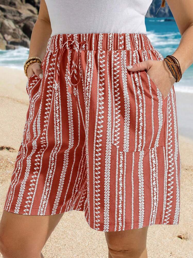 Plus Size Summer All-Over Print Twist Pocket Shorts Red Striped Shorts