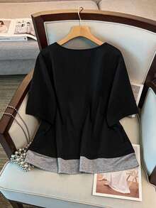 GlowEve CURVE Plus Half Button Peplum Top - Black - View 2