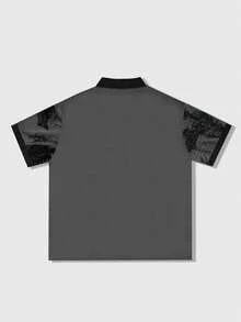 ROMWE MEN 男士短袖休闲 Polo 领 T 恤，水印朋克学院风上衣 - 灰色 - 查看 2