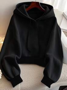 Women's Solid Color Long Sleeve Casual Loose Fit Hooded Sweatshirt - Black - View 3