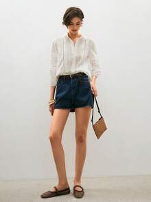 ATUI Studio Áo sơ mi dài tay cài một hàng khuy dành cho nữ, kiểu dáng thường ngày, thêu họa tiết bằng vải lưới. - trắng - Xem 2