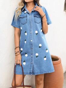 EMERY ROSE Vestido vaquero holgado con estampado floral y bolsillos con vueltas, adecuado para vacaciones de verano - Azul - Ver 5