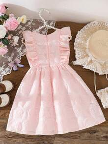 年轻女孩夏季优雅派对宴会提花蕾丝蝴蝶结装饰收腰A字连衣裙 - 粉色 - 查看 6