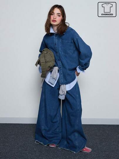 COUREZ 超大款牛仔纽扣长袖衬衫 / Y2K 冬季女装休闲衬衫工作服外出衬衫上衣派对新年