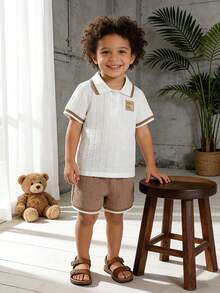 2pcs/Set Young BoyTextured Polo Shirt With Patch Decor & Shorts Set, Casual Spring/Summer - Apricot - View 1