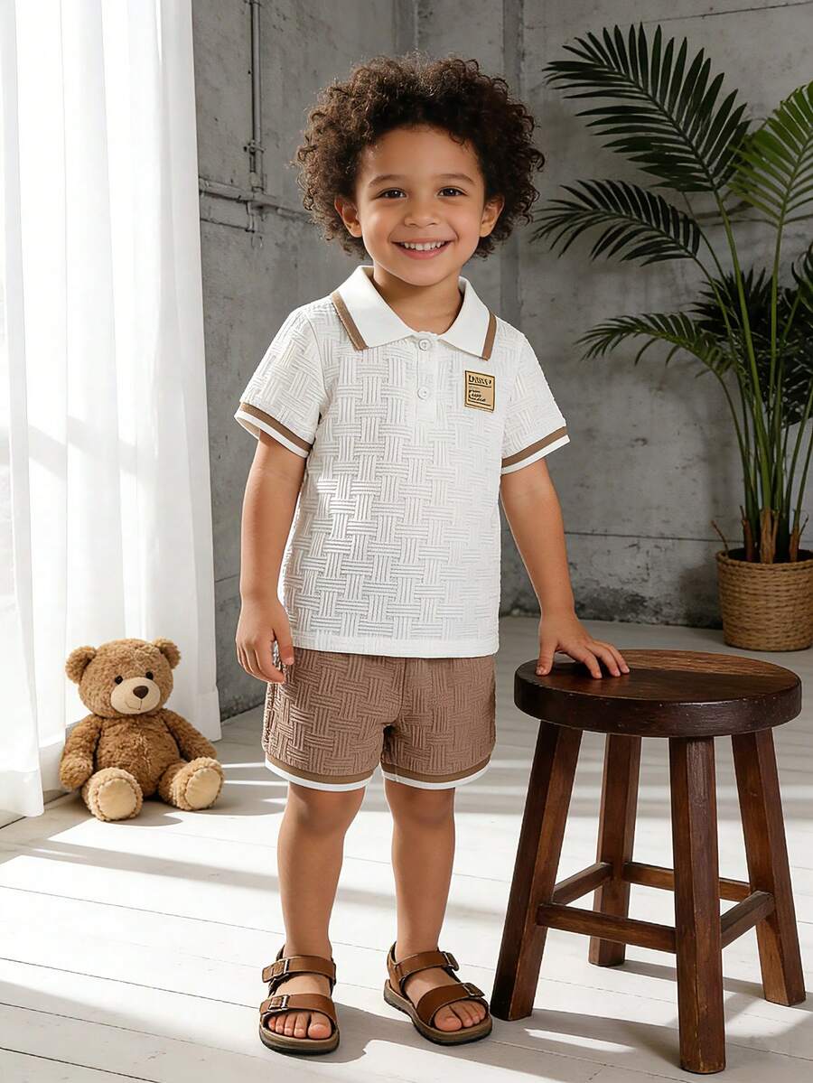 2pcs/Set Young BoyTextured Polo Shirt With Patch Decor & Shorts Set, Casual Spring/Summer - Apricot - View 1