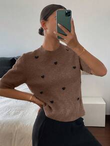DAZY Heart Decor Loose Fit Short Sleeve Crew Neck Casual Knit Top For Women, Spring/Autumn - Brown - View 3