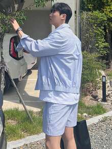 DAZY 男士蓝色条纹短裤套装，含衬衫，春夏款 - 藍色 - 查看 10