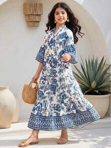 SHEIN Tween Mädchen Lässig Beach Resort Kleid mit Blume Muster, Stehkragen, Glockenärmeln, Raffungen und Patchwork, locker geschnitten - Blau-Weiß - Übersicht 2
