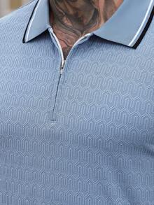 Manfinity CasualCool 男士短袖拉链纹理面料 Polo 衫，适合外出、办公穿着，图案 Polo 衫，浅蓝色男士服装，男士 Polo 衫，拉链 Polo 衫，男士高尔夫 Polo 衫，复古风格，日常休闲，周末旅行，户外活动，探险旅行，轻松的工作环境或半正式场合，男友/丈夫礼物，周年纪念/生日礼物，派对，暑假，新年，婚礼，情人节，蓝色男士上衣，学院风图案 Polo 衫，男士高尔夫球衫 - 藍色 - 查看 6