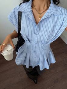 Siren Gaze Women's Striped Print Button Front Casual Short Sleeve Shirt Summer - Blue - View 1