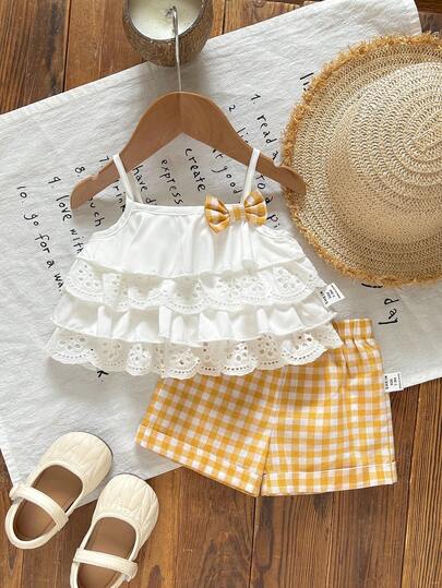 Conjunto de top con volantes y shorts a cuadros de cintura elástica para bebé niña recién nacida, estilo casual de vacaciones