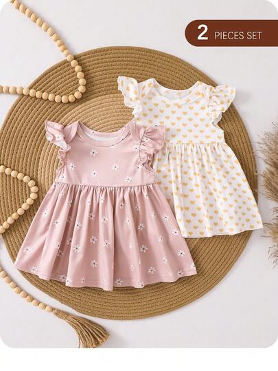 2件套新生女宝宝可爱夏季针织碎花波点印花短袖连衣裙套装