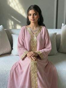 SHEIN Teen Girls' Partywear Abaya Dress, Lotus Pink With Golden Lace Trim And Slit Design Abaya Dresses Abaya Modest Abaya Pink Abaya For Women, Teen Girl Green Woven Patchwork Printed Gold Ribbon Casual Dress Abayas For Girls Abaya Dress For Girls Light Green Modest Dress Long Modest Dresses For Girls And Ladies Teen Modest Dress,Blue Haze Blue Linen Chiffon Patchwork Print Tassel Tie Waist Casual Dress, Spring & Summer Light Grey Blue Dress Teenager Dress Abaya Dusty Blue Girls Maxi Dress Teen Modes - Pink - View 3