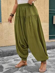 Breezaya 大码女式梭织休闲灯笼绿宽松长裤波西米亚风长裤女式夏季裤宽松哈伦裤女式度假装 - 綠色 - 查看 3