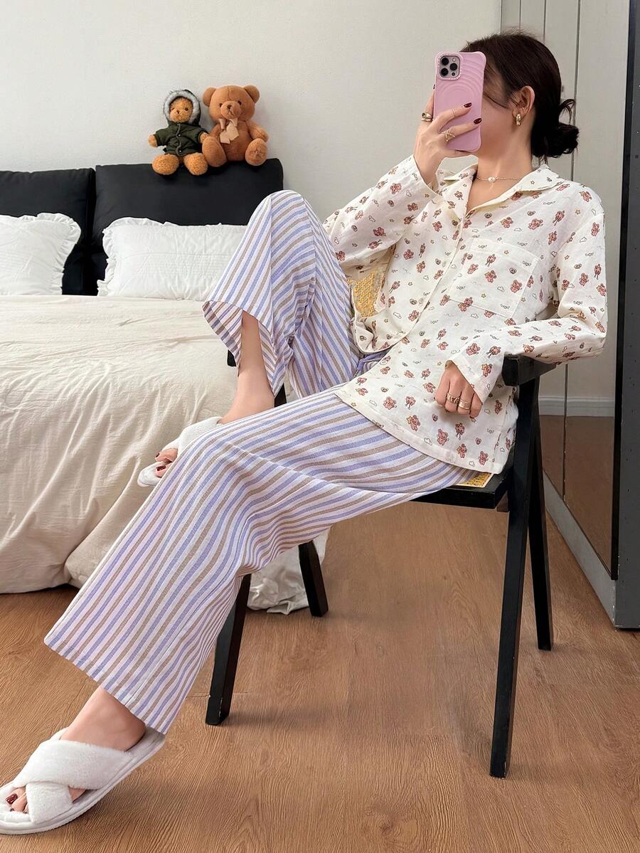 DAZY Bear & Ditsy Floral Top Paired With Striped Pajama Pants, Women Sleepwear Set - Beige - View 1