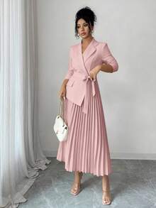 Rafferiza 女士休闲百搭通勤拼接西装领长袖收腰褶裥中长连衣裙，秋冬款 - 淺粉色 - 查看 6