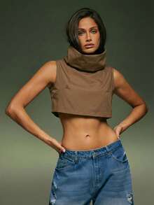 Denimoi Top sin mangas corto con cuello exagerado - Marrón - Ver 2