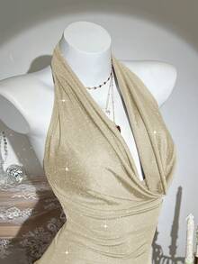 Elamini Solid Color Halter Draped Backless Elegant Party Mini Dress - Apricot - View 6
