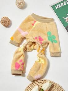 PETSIN 1件宠物猫狗通用卡其色抓绒保暖爪印骨头印花法兰绒连帽连体衣 - 彩色 - 查看 6