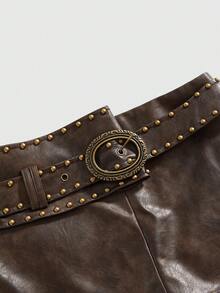 ROMWE Hippie Sexy Riveted PU Leather Mini Skirt - Brown - View 2