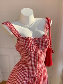 Comfortcana 女士格子印花系带无袖连体裤 - 紅色 - 查看 4