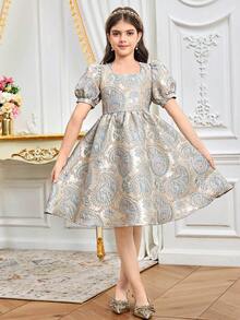 SHEIN 少女优雅方领泡泡袖提花A字连衣裙，腰果佩斯利花纹，适合春夏家庭度假、节日派对等场合 - 藍色 - 查看 6