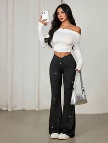 SHEIN PETITE Fashionable Cross Waist Shiny Flared Pants - Black - View 7