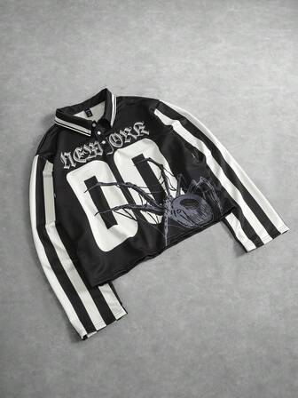 Herren Numerisch gestreiftes Langarm Lässig Poloshirt, Loose Fit