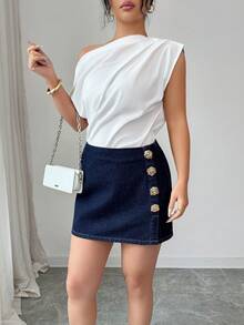 Elenzga Chân váy ngắn denim thời trang nữ đính hoa 3D bằng kim loại. - Rửa tối - Xem 3