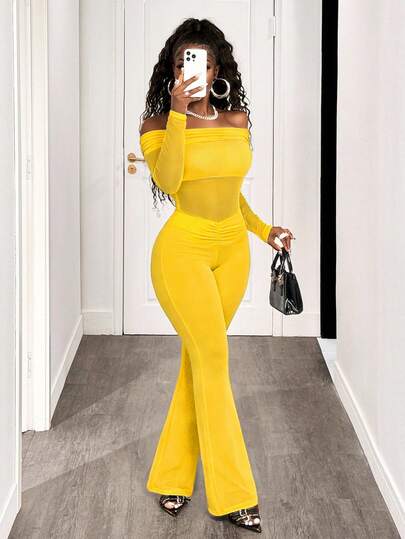 BamGleam Women's Fashion Sexy Minimalist Solid Color Ruched Foldover Off Shoulder Mesh Patchwork Fitted Flare Jumpsuit