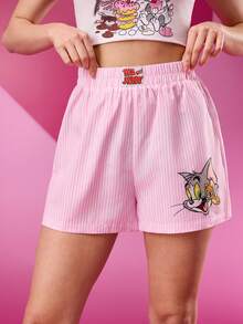 TOM & JERRY X SHEIN 女士卡通图案可爱粉色条纹宽松短裤，休闲日常款，情人节、春夏皆宜 - 淺粉色 - 查看 3