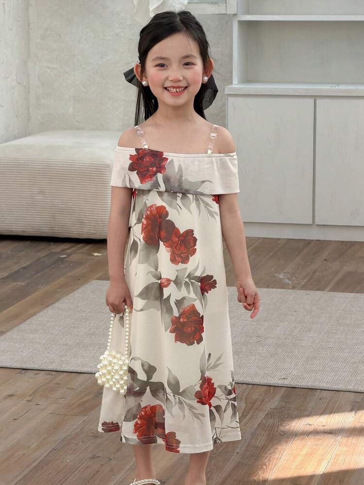 Young Girls Floral Print Knit Camisole Off Shoulder Dress, Young Girl Fall Clothes Spring