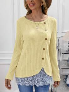 EMERY ROSE Women's Round Neck Long Sleeve Button Design Lace Hem Casual T-Shirt - Yellow - View 5