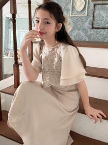 Dazy Kids 少女碎花荷叶边圆领短袖优雅连衣裙 - 杏色 - 查看 6