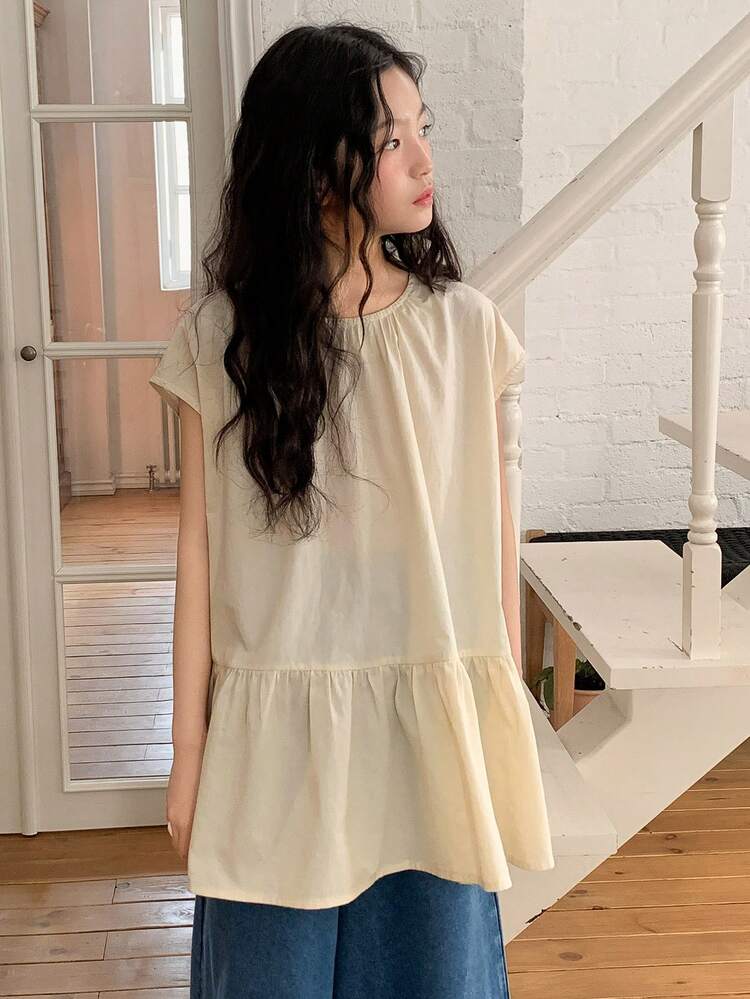 Tween Girl Plain Round Neck Cap Sleeve Ruffle Hem Casual Shirt Summer