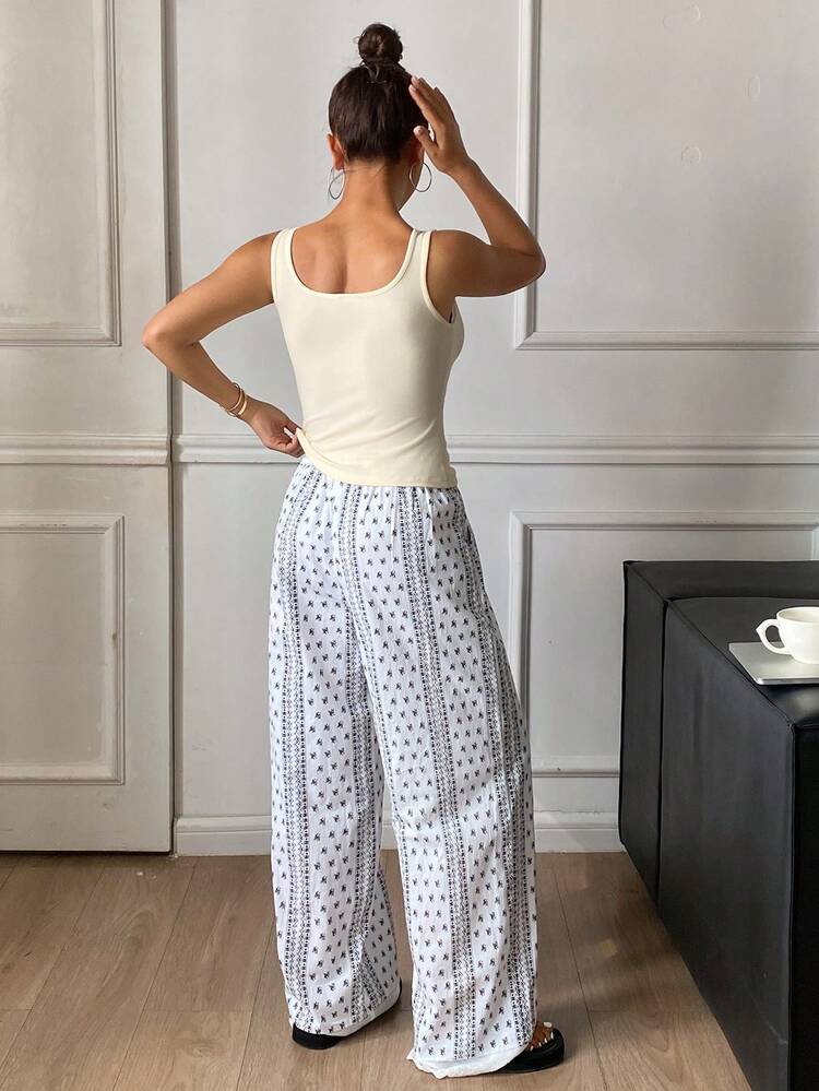 Lace Patchwork Camisole Top & Ditsy Floral Trim Pajama Pants Women Sleepwear Set