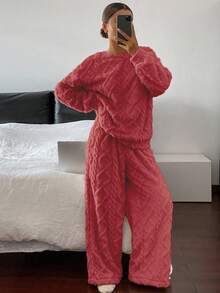 DAZY 2pcs Women Textured Fleece Thick Loose Long Sleeve Top And Pants Pajama Set, Autumn/Winter - Pink - View 5